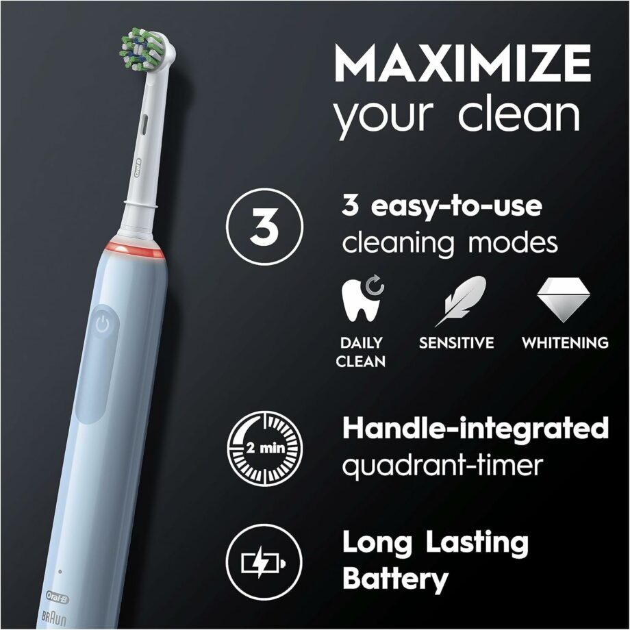 Oral-B by Braun Pro 3 3000 Electric Toothbrush with Smart Pressure Sensor & 2 Brush Heads - Blue