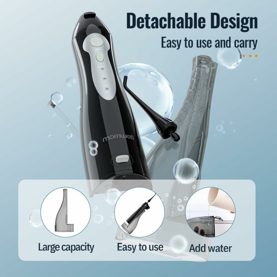 Mornwell Portable 3 Modes 4 Jet Tips IPX7 Waterproof Water Flosser - Black